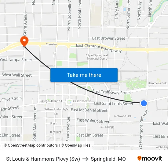 St Louis & Hammons Pkwy (Sw) to Springfield, MO map