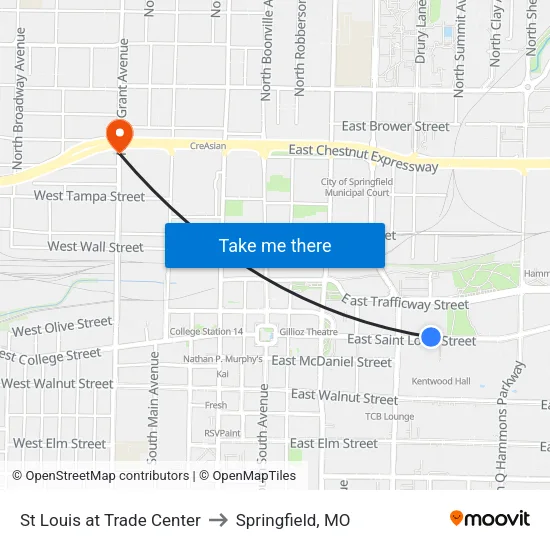 St Louis at Trade Center to Springfield, MO map