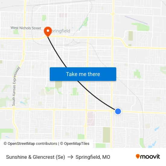 Sunshine & Glencrest (Se) to Springfield, MO map