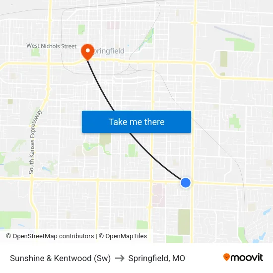 Sunshine & Kentwood (Sw) to Springfield, MO map