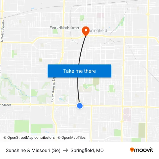 Sunshine & Missouri (Se) to Springfield, MO map