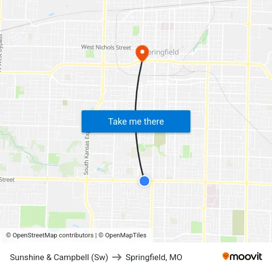 Sunshine & Campbell (Sw) to Springfield, MO map