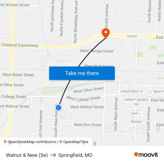 Walnut & New (Se) to Springfield, MO map
