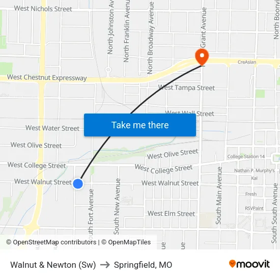 Walnut & Newton (Sw) to Springfield, MO map