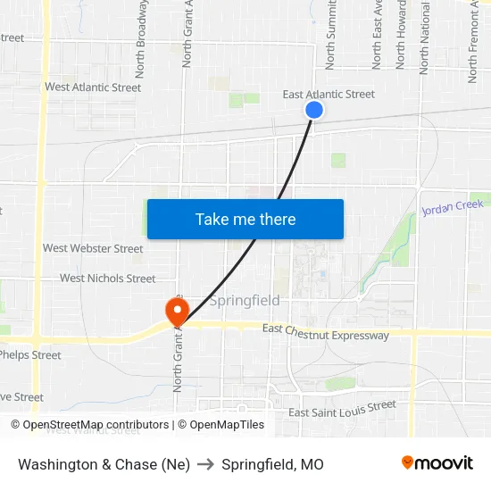 Washington & Chase (Ne) to Springfield, MO map