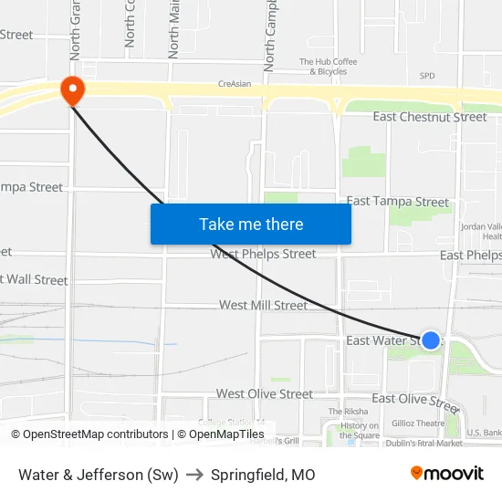Water & Jefferson (Sw) to Springfield, MO map