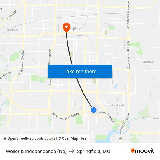Weller & Independence (Ne) to Springfield, MO map