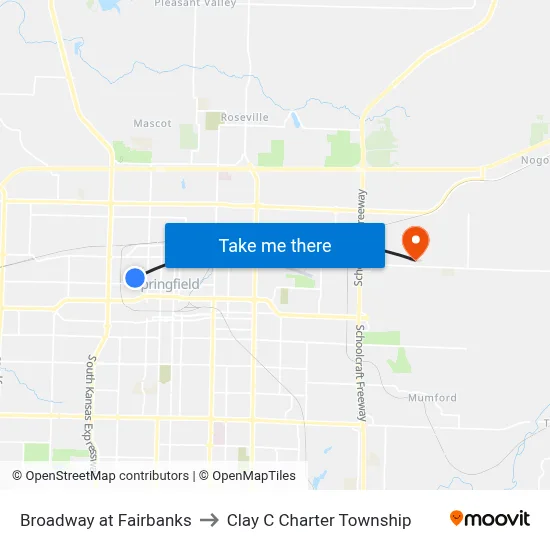 Broadway at Fairbanks to Clay C Charter Township map