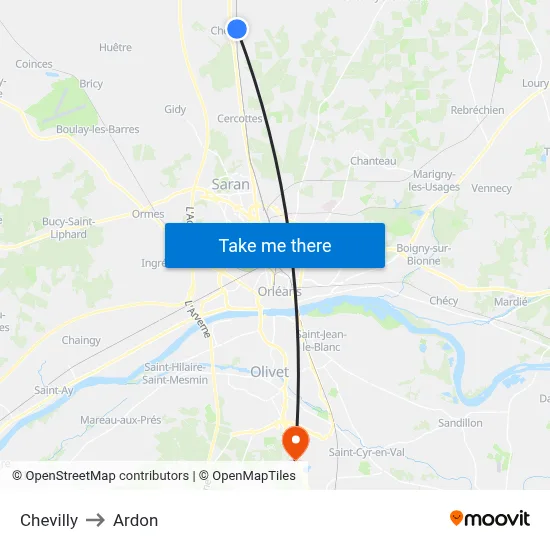 Chevilly to Ardon map