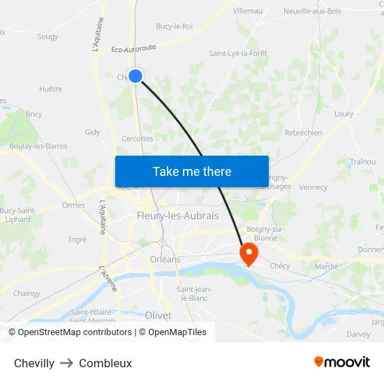 Chevilly to Combleux map