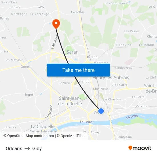 Orléans to Gidy map