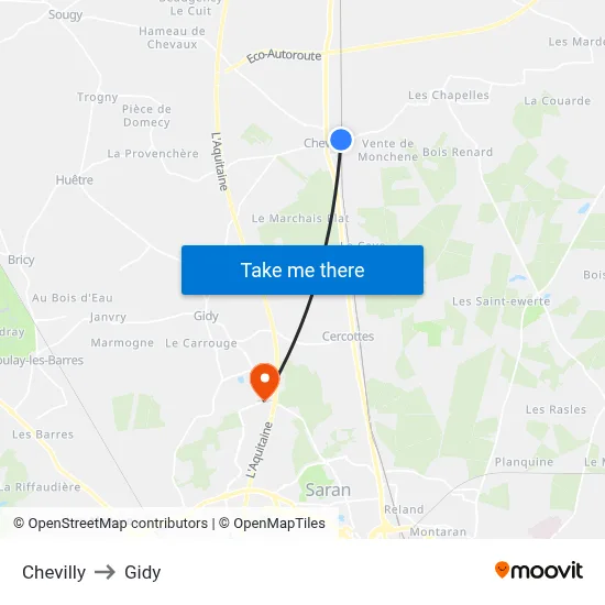 Chevilly to Gidy map