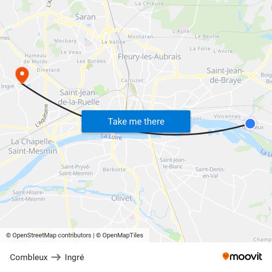 Combleux to Ingré map