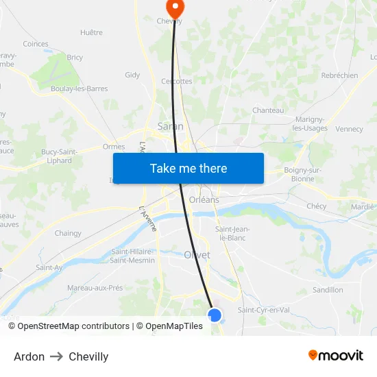Ardon to Chevilly map