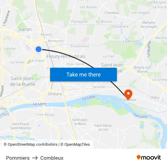 Pommiers to Combleux map