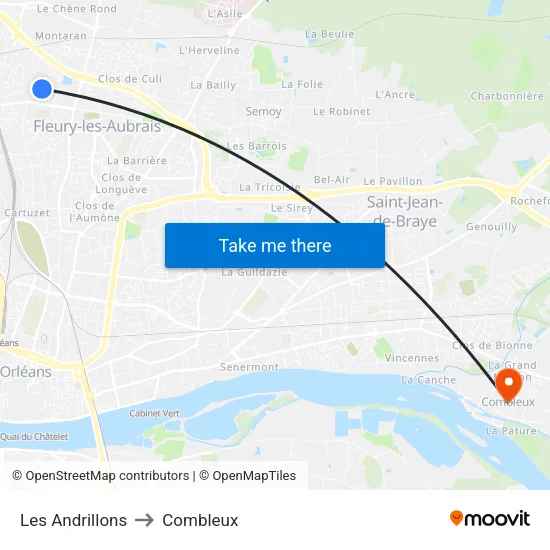 Les Andrillons to Combleux map