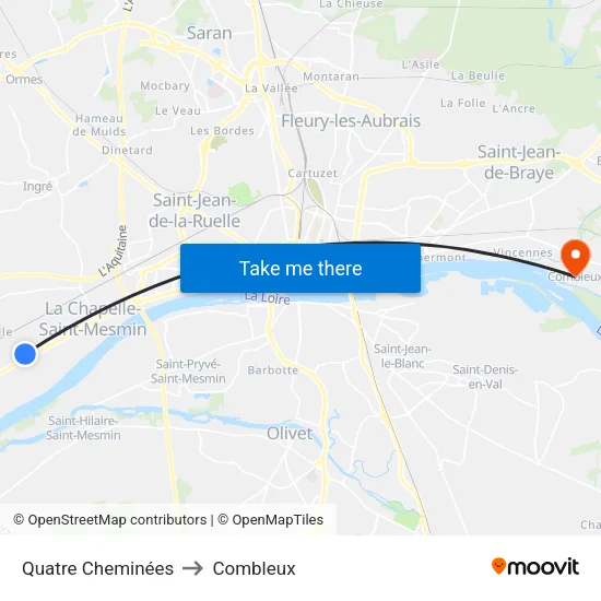 Quatre Cheminées to Combleux map