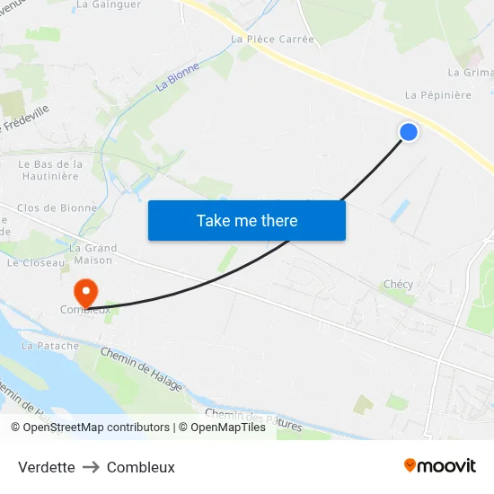 Verdette to Combleux map