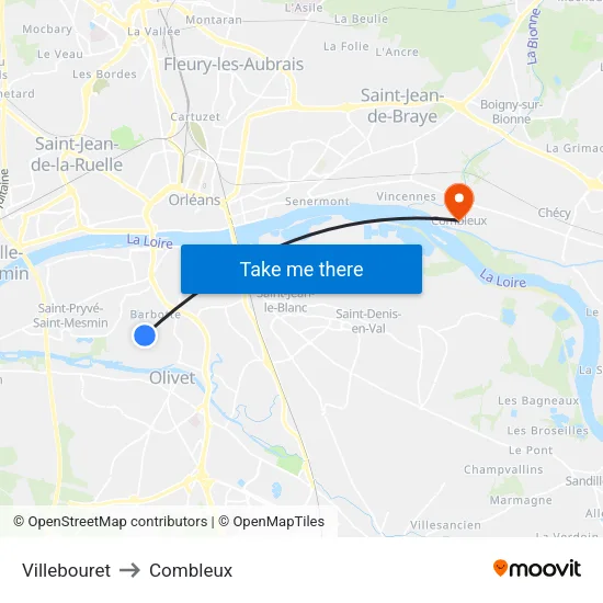 Villebouret to Combleux map