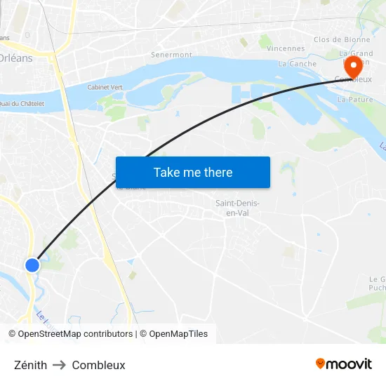 Zénith to Combleux map