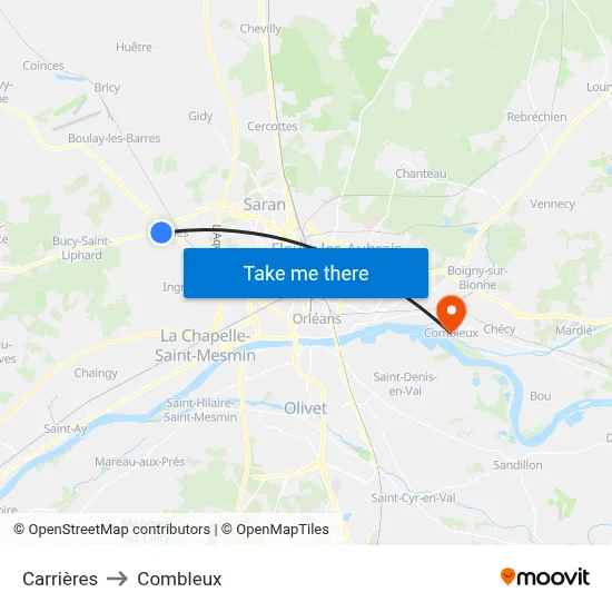 Carrières to Combleux map