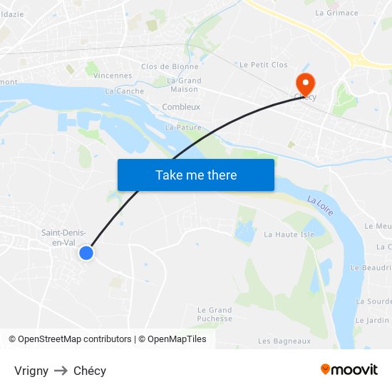 Vrigny to Chécy map