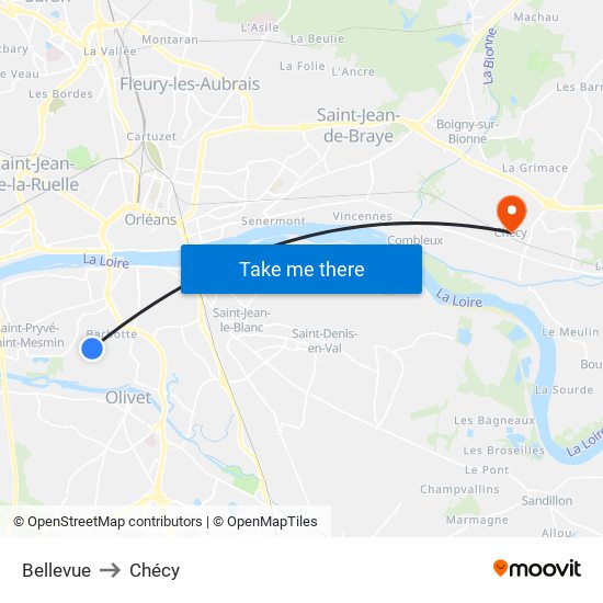 Bellevue to Chécy map