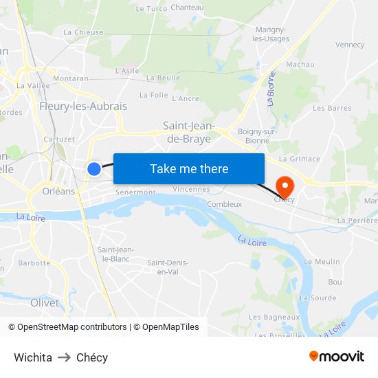 Wichita to Chécy map