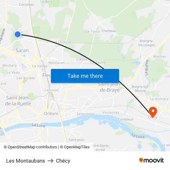 Les Montaubans to Chécy map