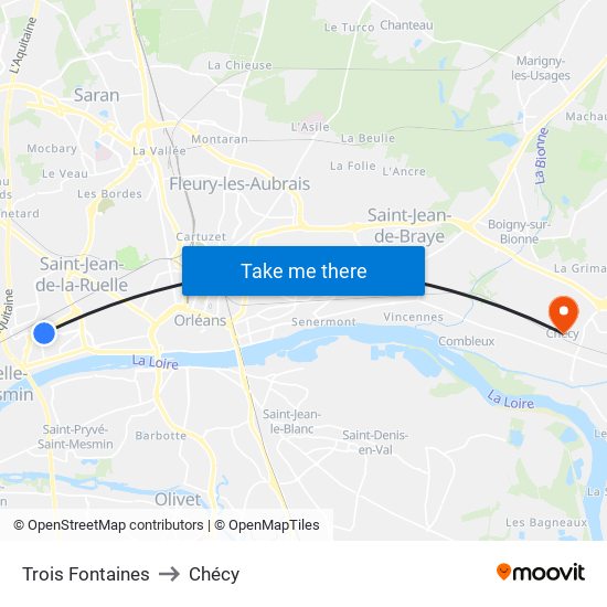 Trois Fontaines to Chécy map