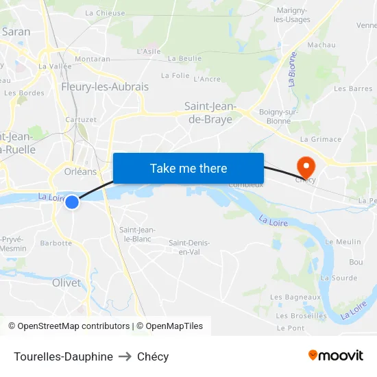 Tourelles-Dauphine to Chécy map