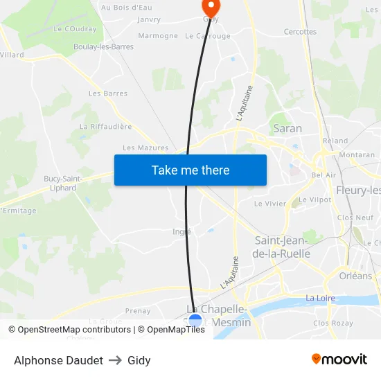 Alphonse Daudet to Gidy map