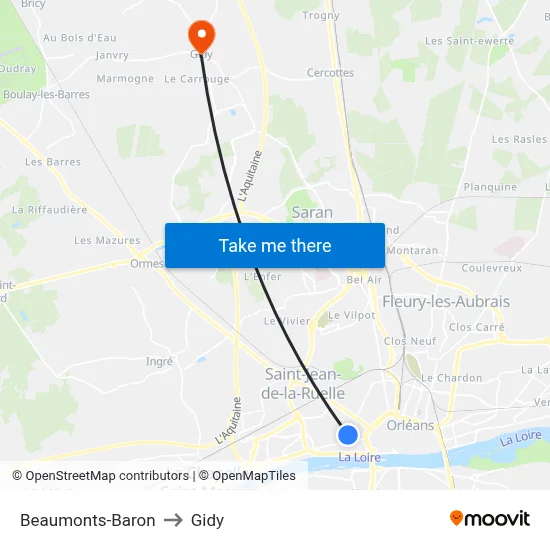 Beaumonts-Baron to Gidy map