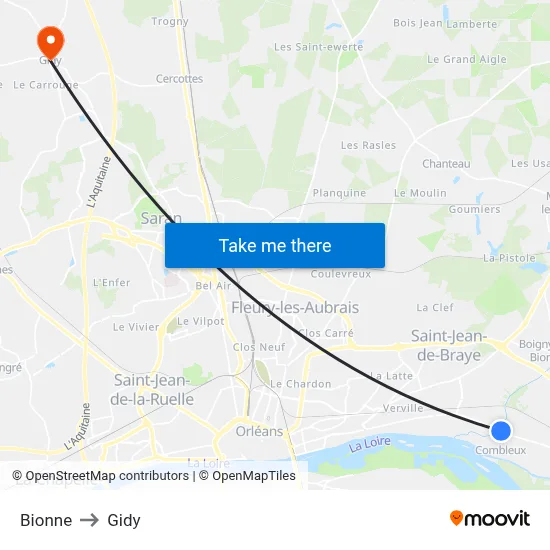 Bionne to Gidy map
