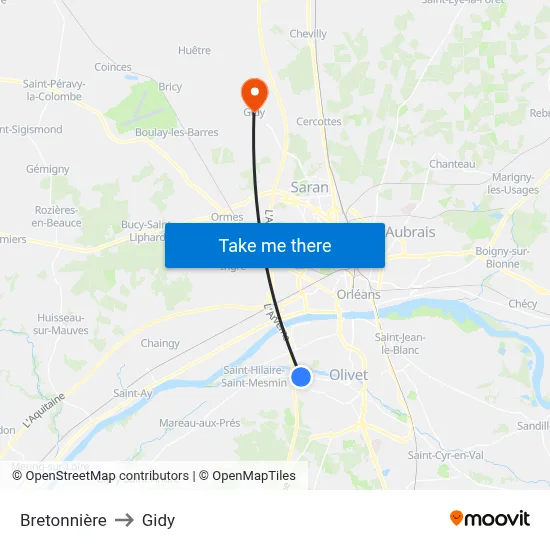Bretonnière to Gidy map