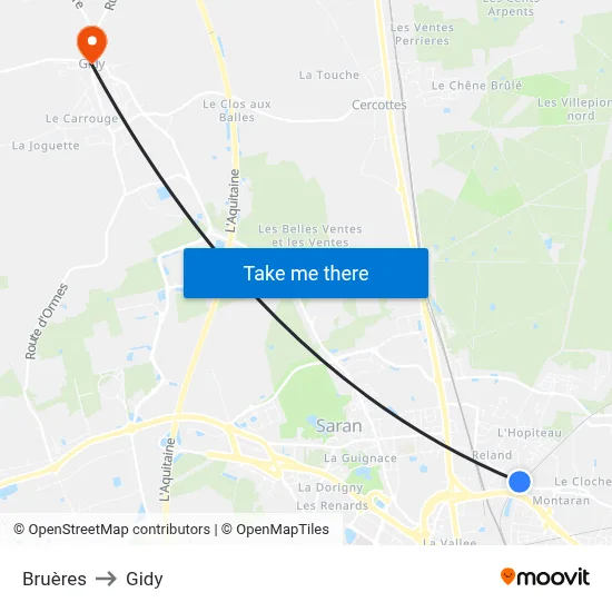 Bruères to Gidy map