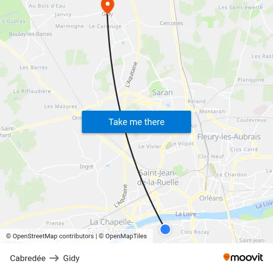 Cabredée to Gidy map