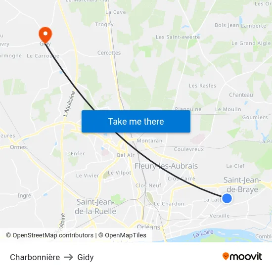 Charbonnière to Gidy map