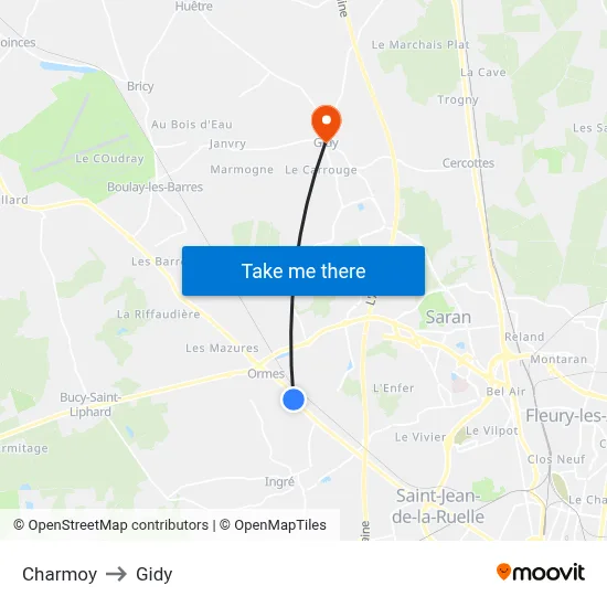 Charmoy to Gidy map
