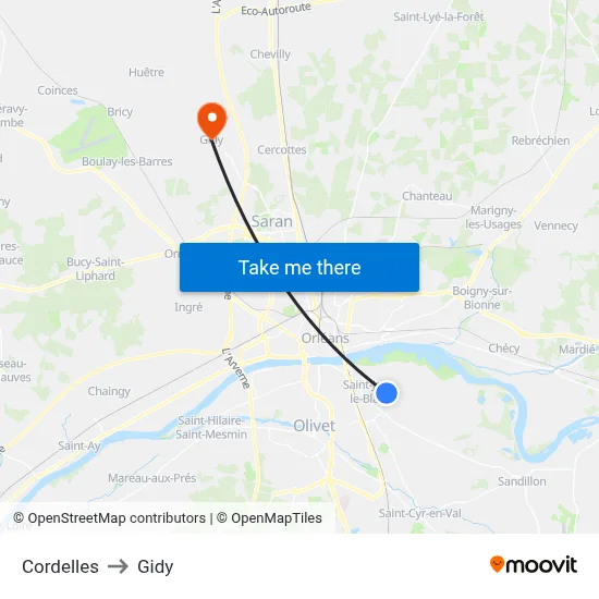 Cordelles to Gidy map