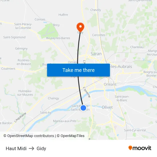Haut Midi to Gidy map