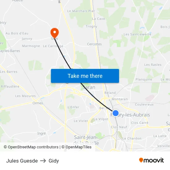 Jules Guesde to Gidy map