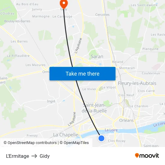 L'Ermitage to Gidy map