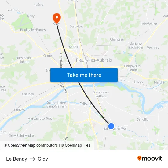 Le Benay to Gidy map