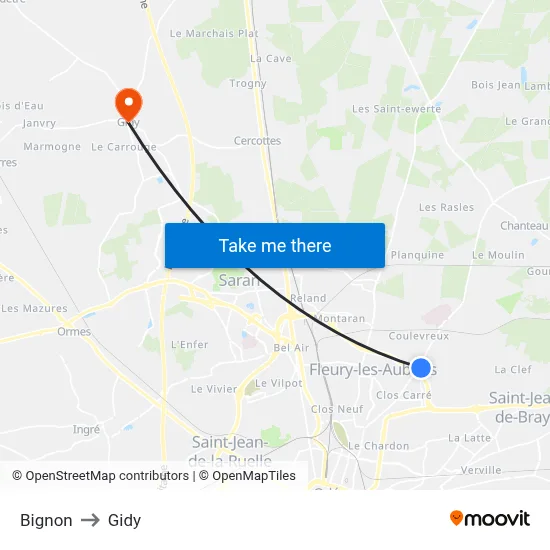 Bignon to Gidy map