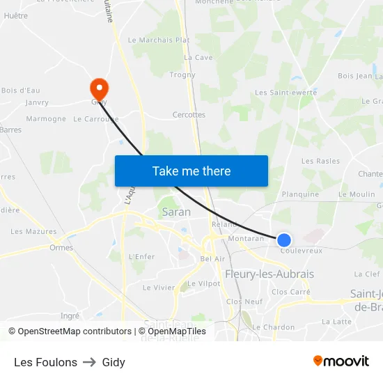 Les Foulons to Gidy map
