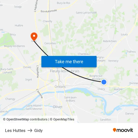 Les Huttes to Gidy map