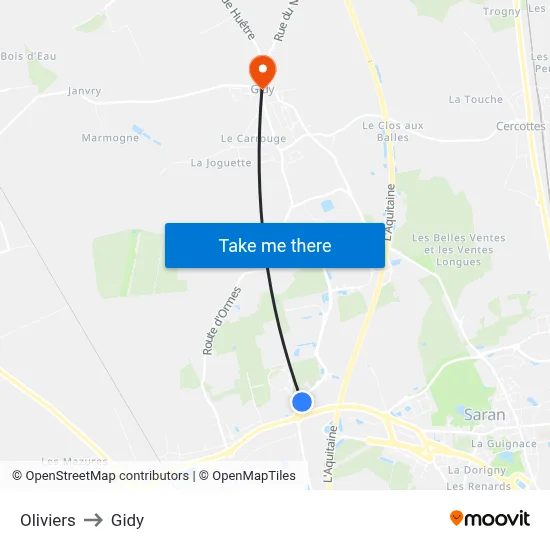 Oliviers to Gidy map