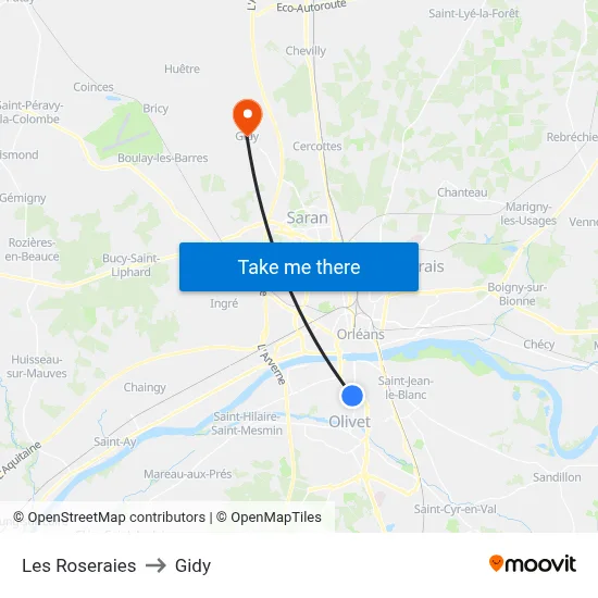 Les Roseraies to Gidy map