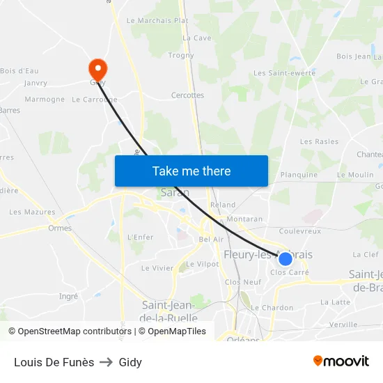 Louis De Funès to Gidy map